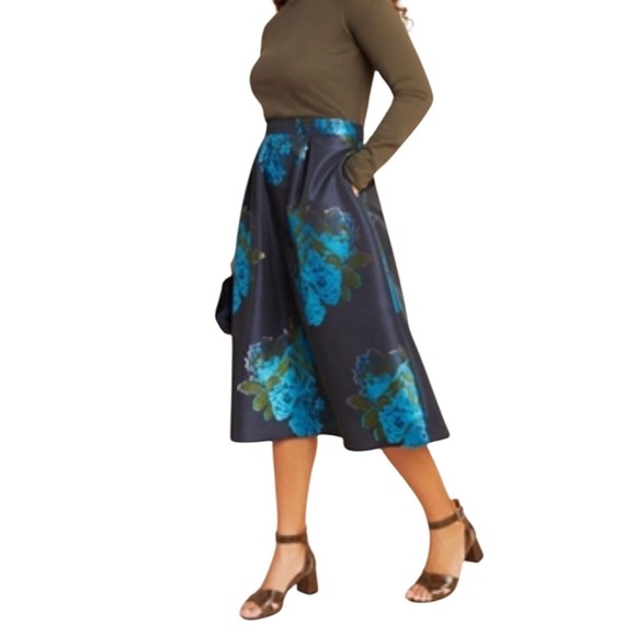 Anthropologie Dresses & Skirts - Anthropologie Floral Brocade Midi Skirt Womens Navy Blue Turquoise A-Line Party